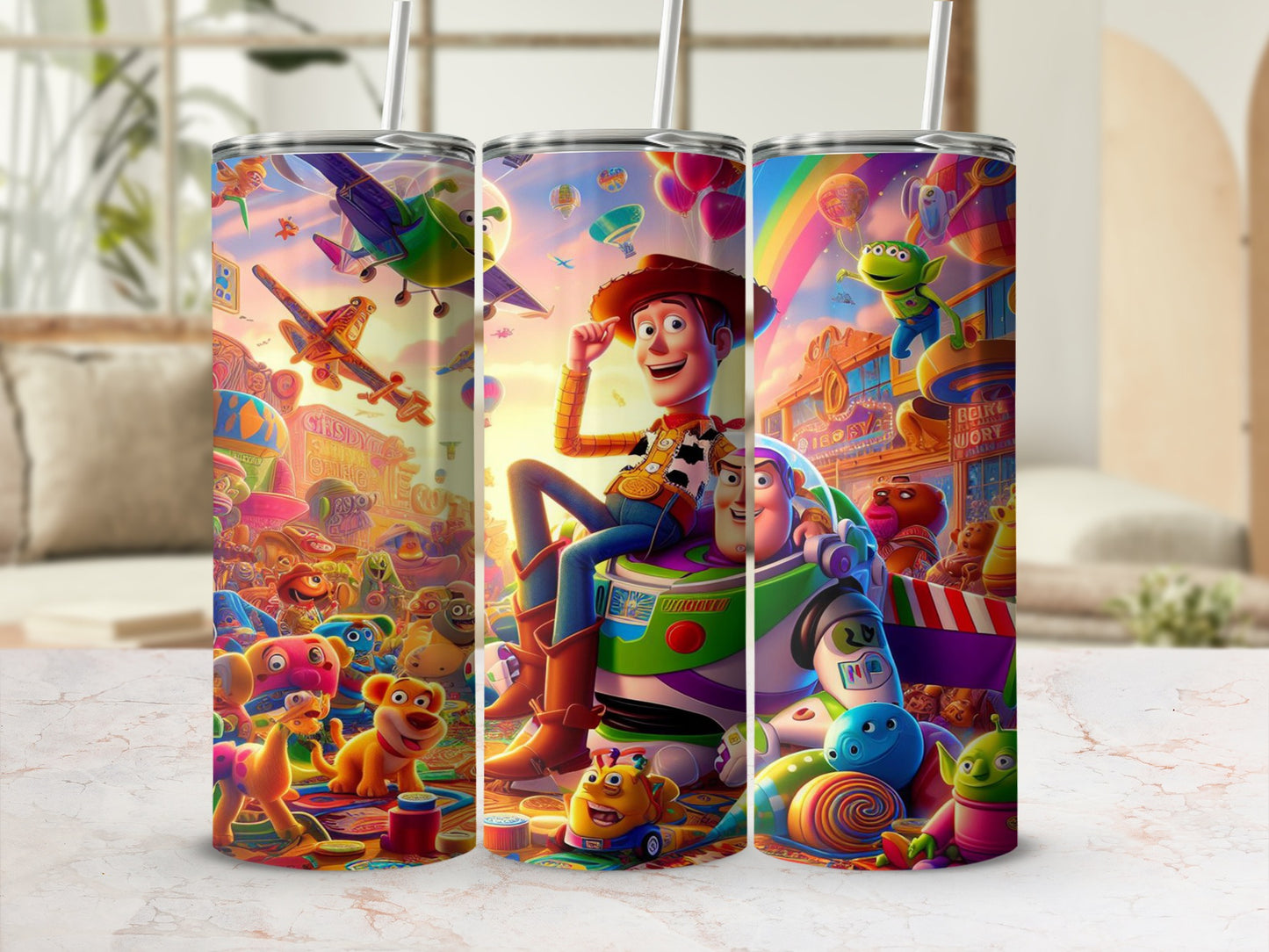 Woody and Buzz Lightyear characters from Toy Story on a colorful tumbler.