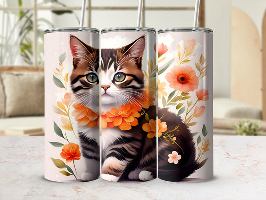 Tabby cat wearing a flower garland, surrounded by floral accents.