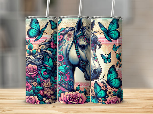 White horse with ornate floral and butterfly details on a patterned background.