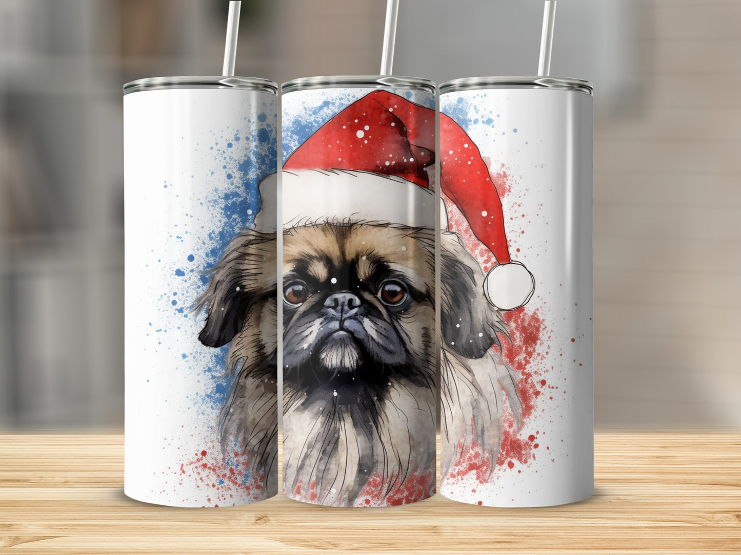 Pekingese dog wearing a Santa hat with watercolor splashes.