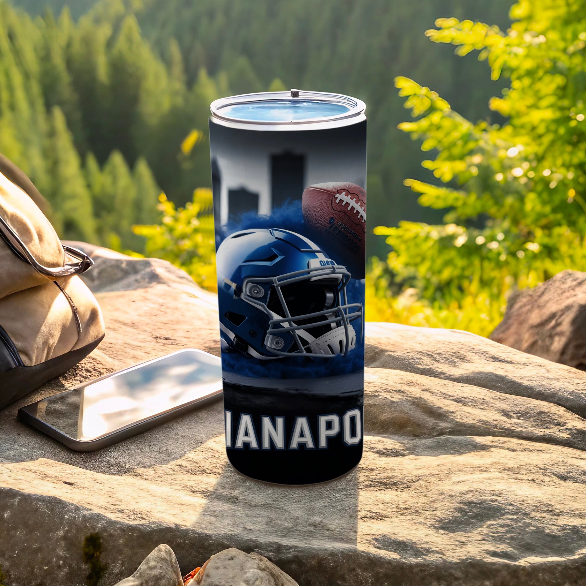 Blue Indianapolis Colts helmet and football on a tumbler.