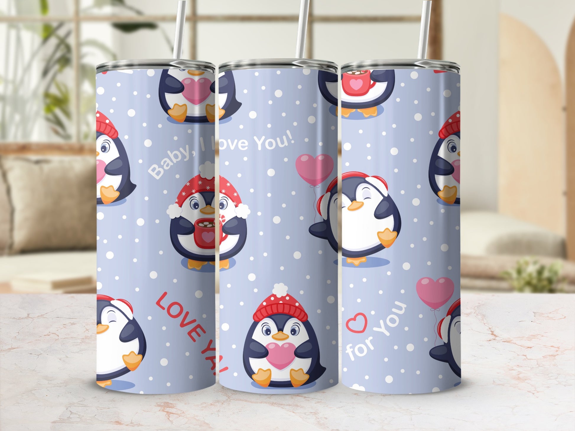 Cute Penguin Love You Baby Tumbler with Straw