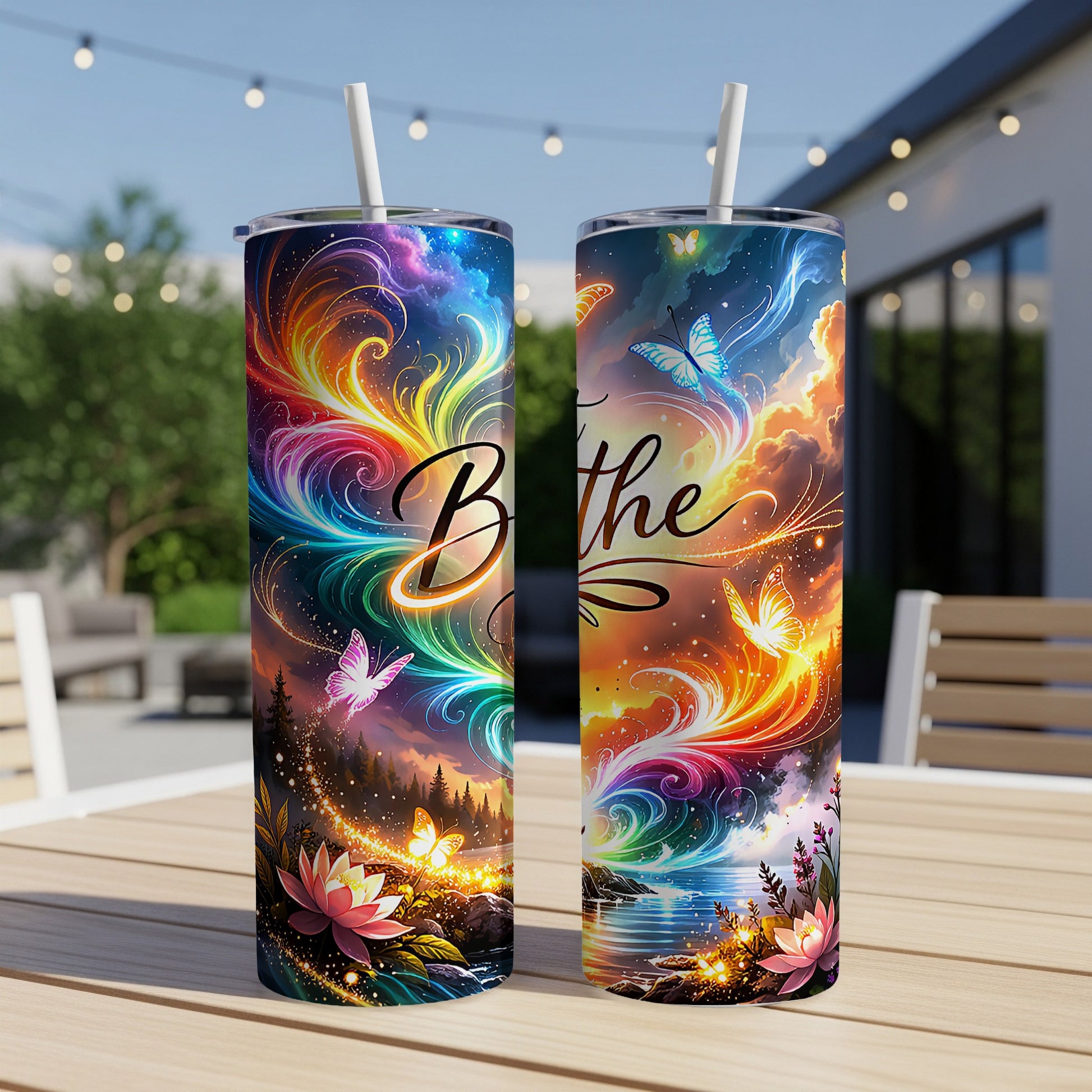 Two tumblers with swirling colorful sky, butterflies, and the word "Breathe".