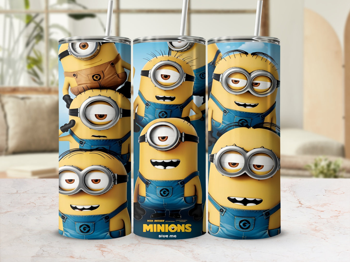 Three Minions from Despicable Me stand on a blue background with "MINIONS glue me" text.