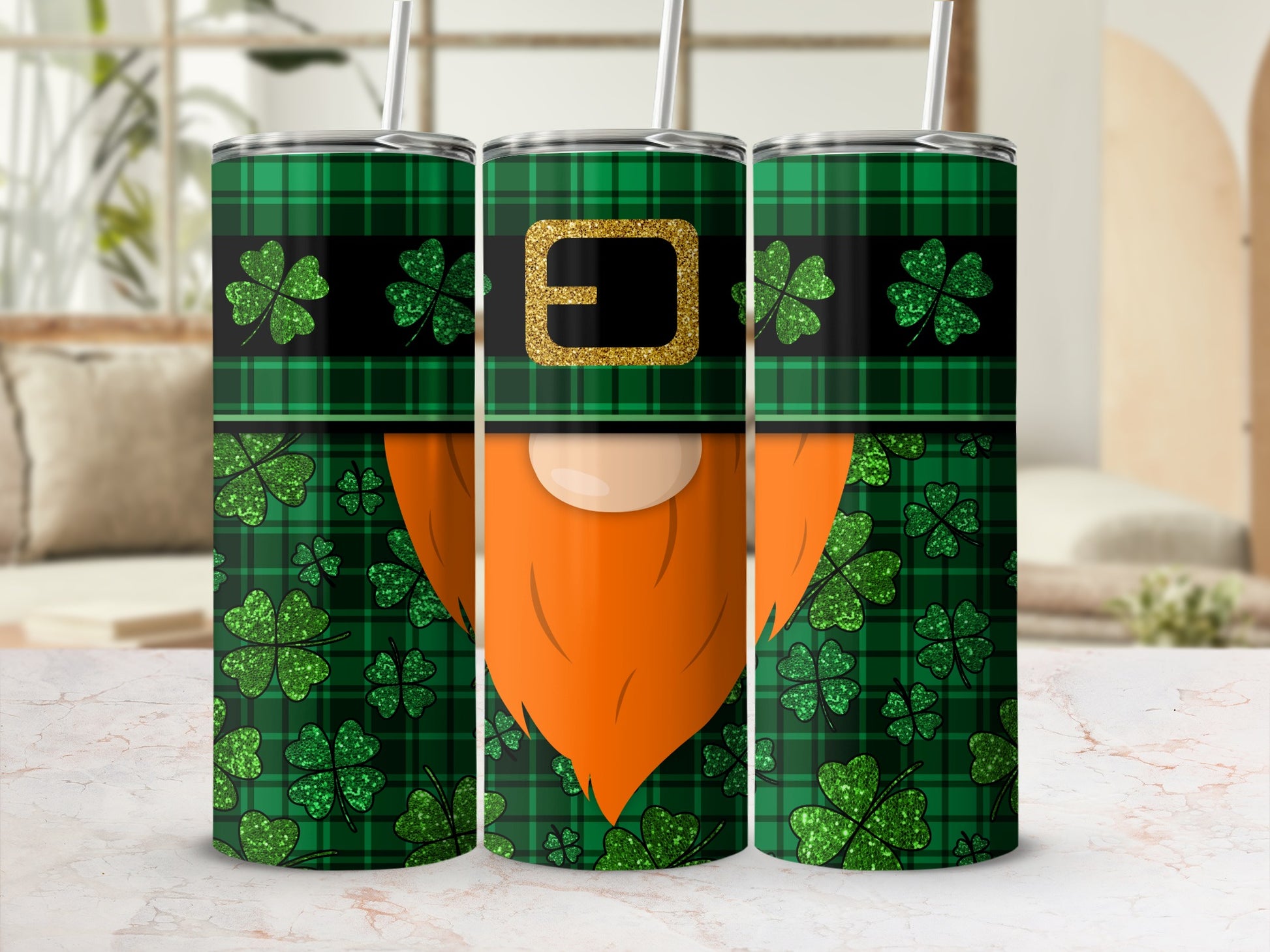 St. Patrick's Day gnome tumbler with green plaid and shamrocks.