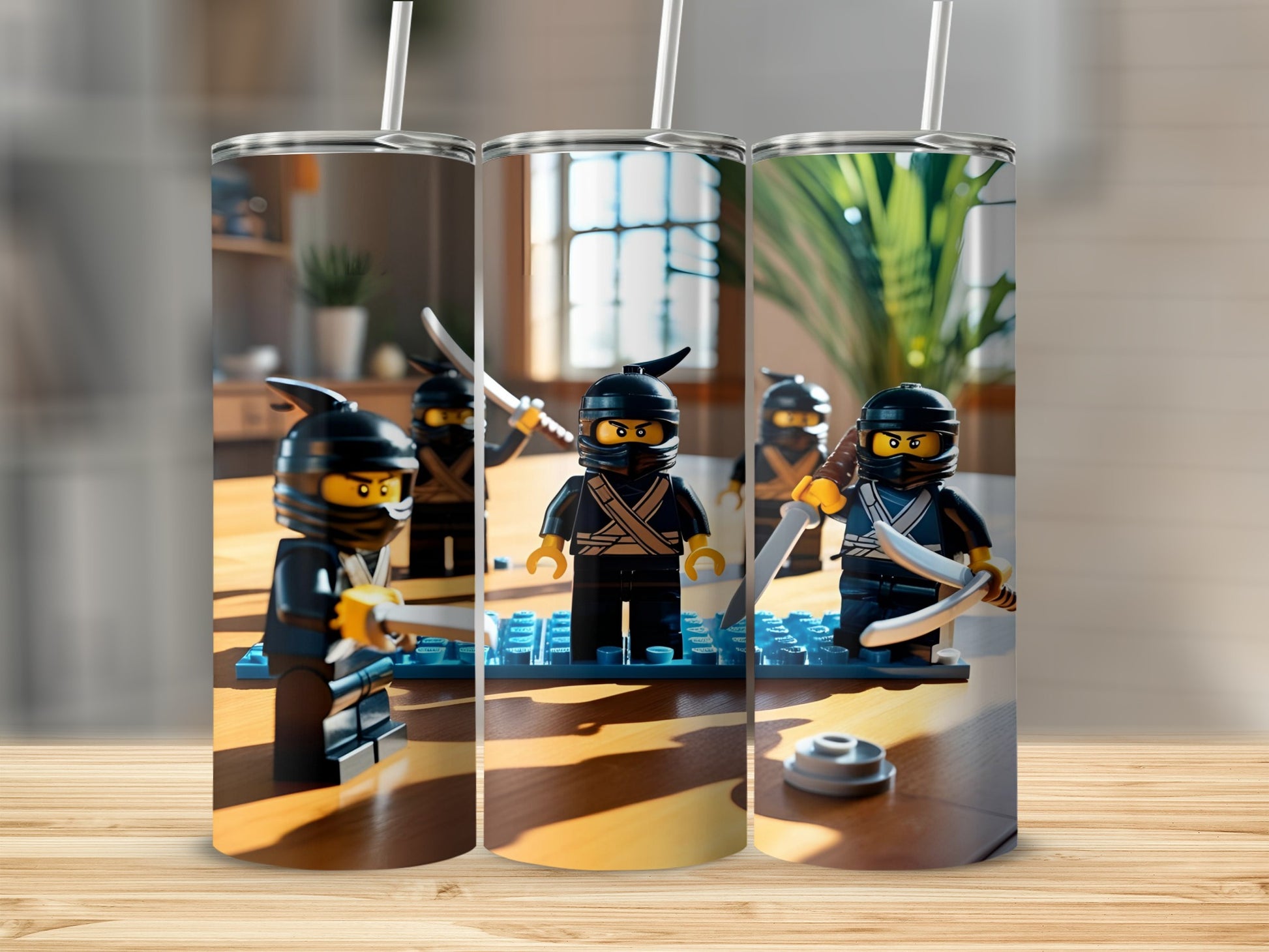 Three Lego ninjas holding swords stand on a wooden surface.