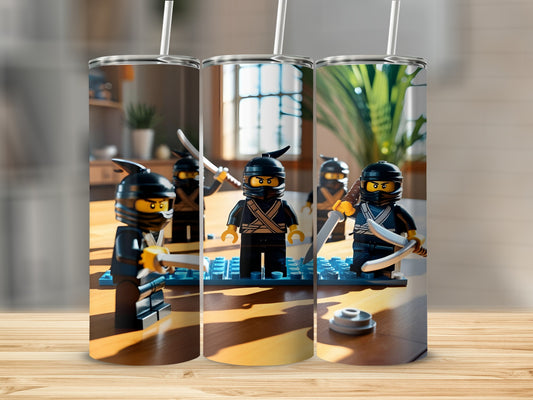 Three Lego ninjas holding swords stand on a wooden surface.