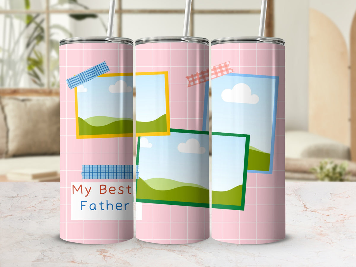 Pink grid pattern tumbler with "My Best Father" text and faux photo frames.