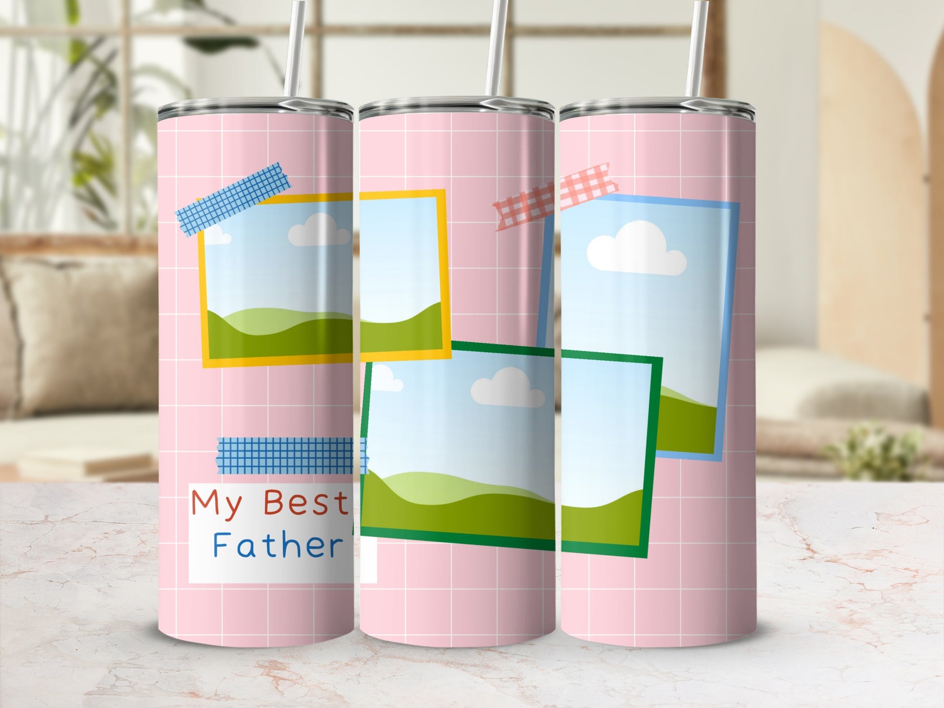 Pink grid pattern tumbler with "My Best Father" text and faux photo frames.