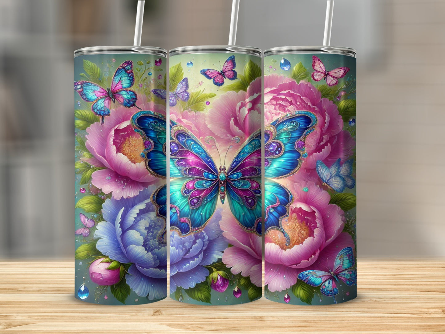 Colorful Butterfly and Flowers Art Tumbler