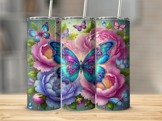 Colorful Butterfly and Flowers Art Tumbler