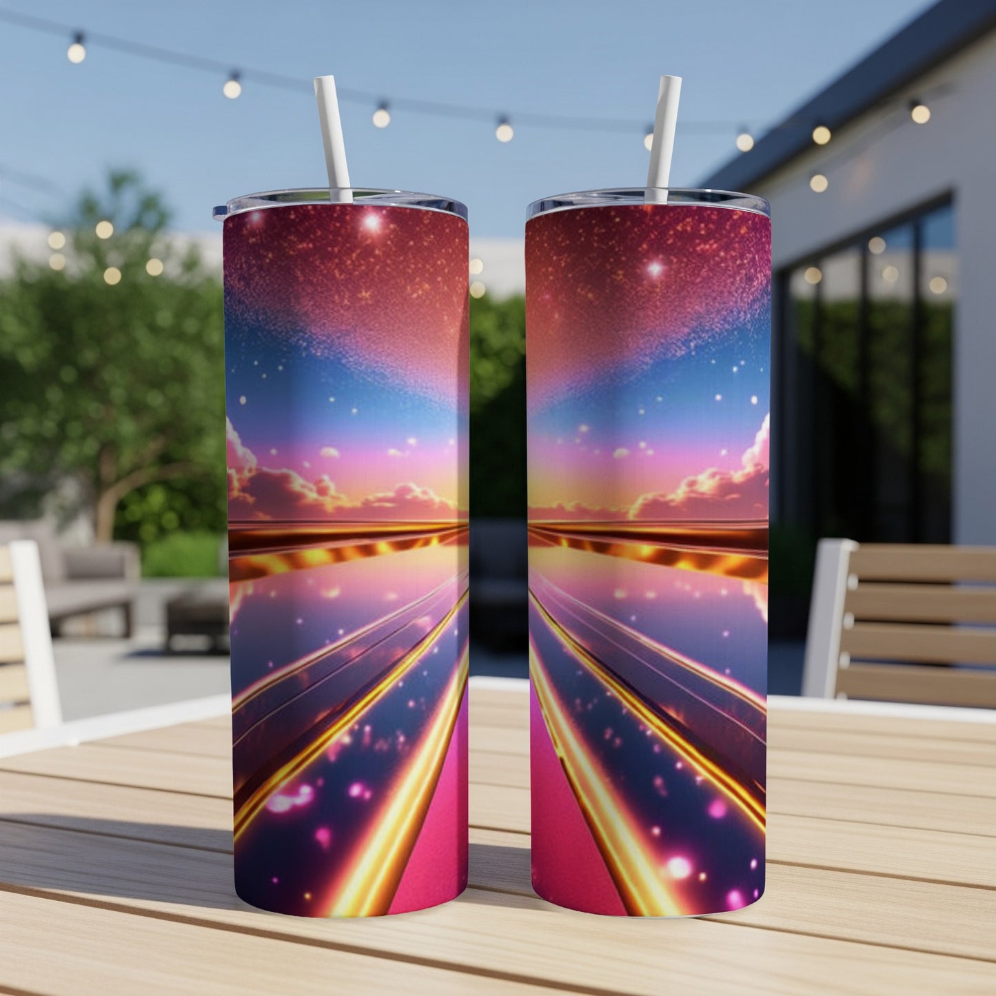 Two tall tumblers with a vibrant cosmic sky and reflective path design.