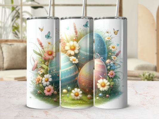 Easter eggs with flowers and butterflies on a blurred background.