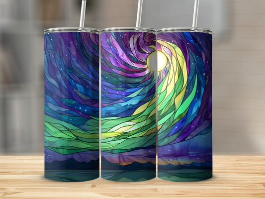 Three tumblers with a stained-glass celestial design featuring a vibrant sun.