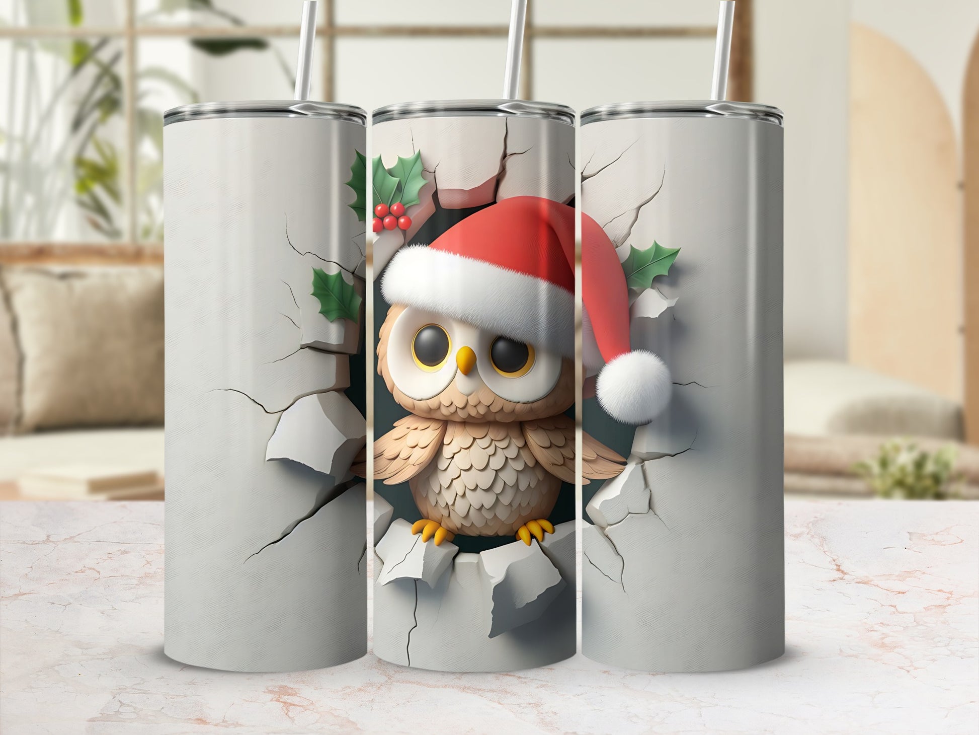 Christmas owl peeking through a cracked wall, wearing a Santa hat.