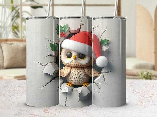 Christmas owl peeking through a cracked wall, wearing a Santa hat.