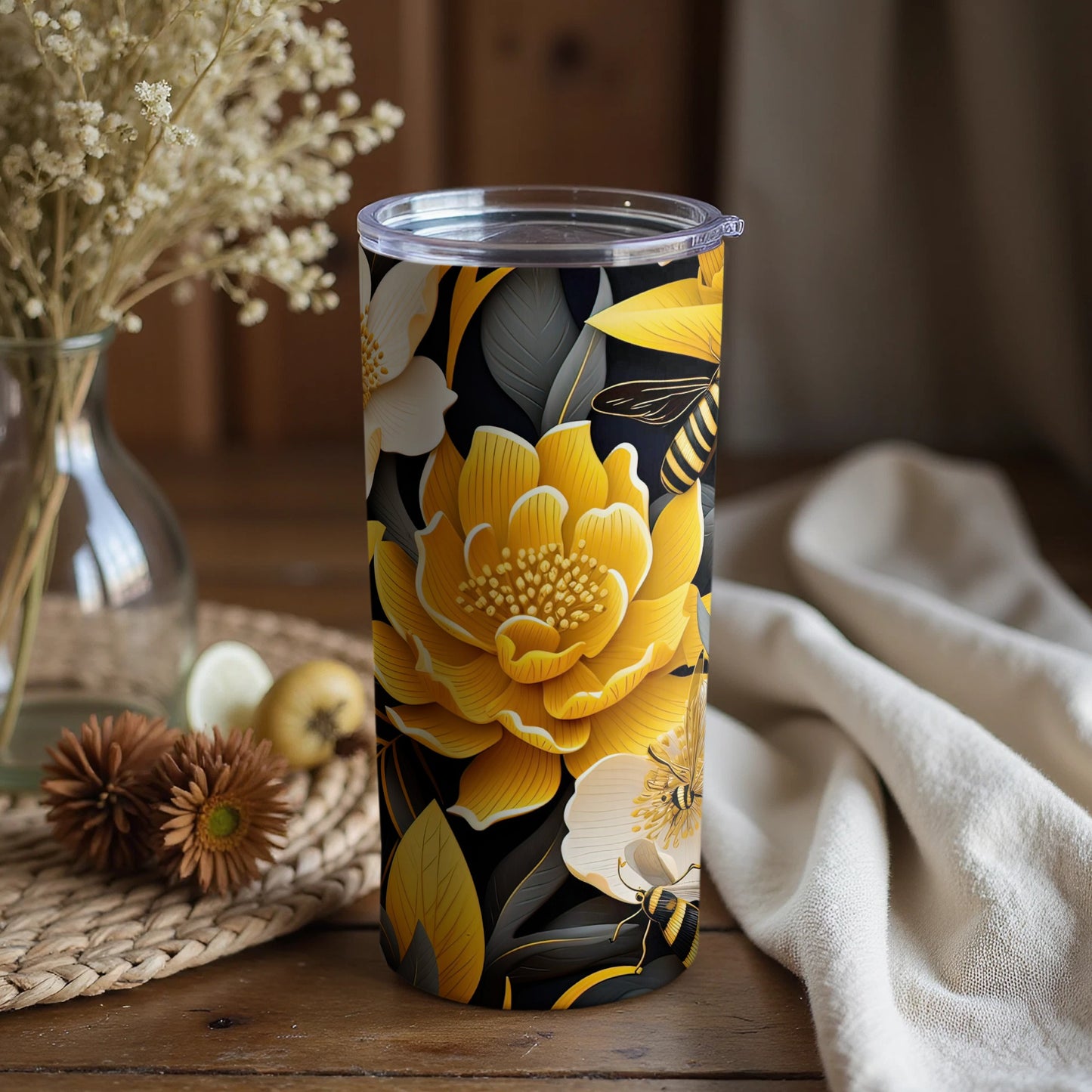Floral Thermal Tumbler with Yellow and White Blossoms
