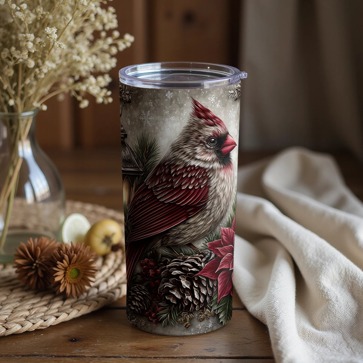 Festive Cardinal Design Insulated Tumbler Cup 20oz