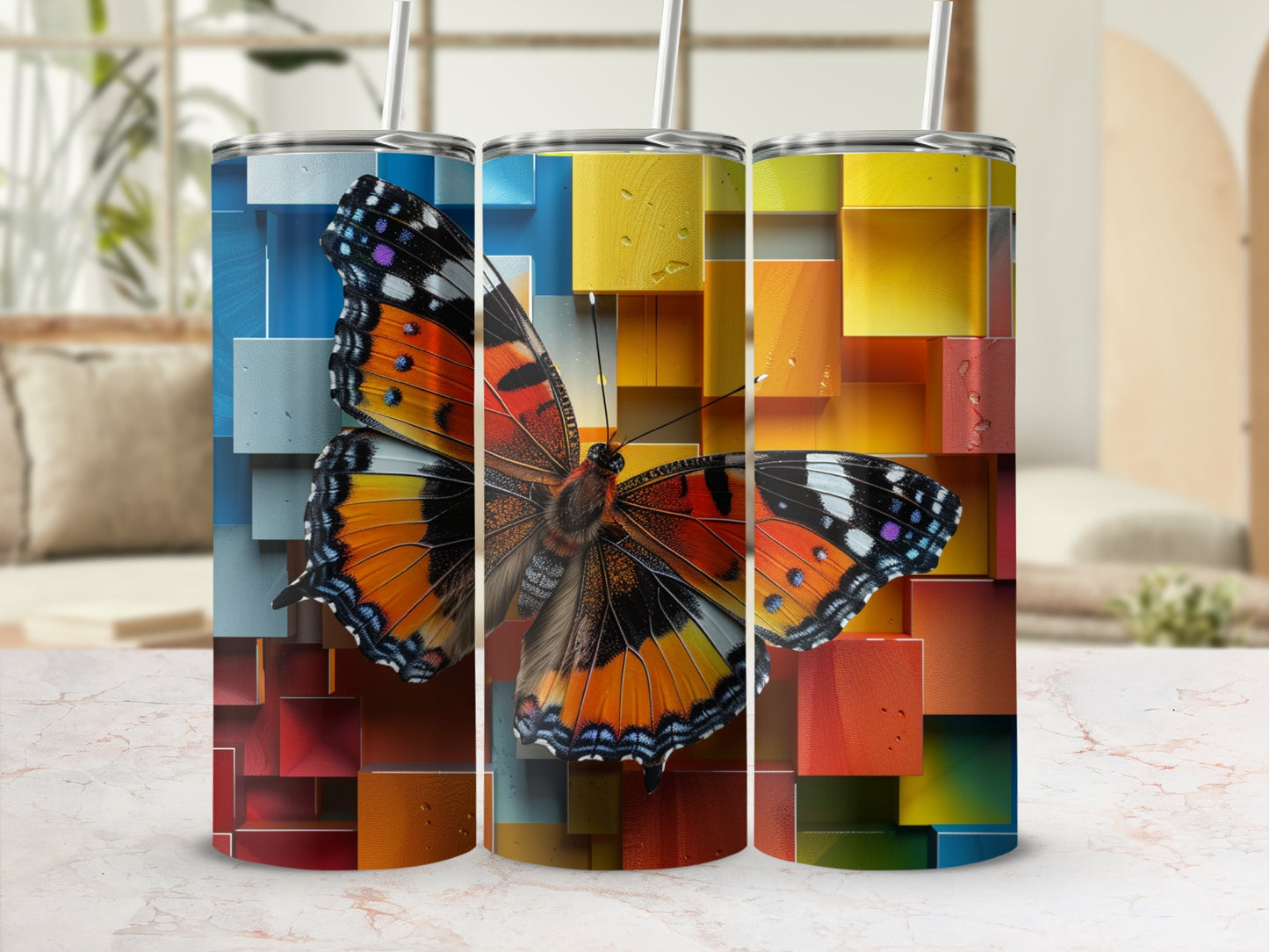 Three tumblers with a butterfly and abstract colorful block design.