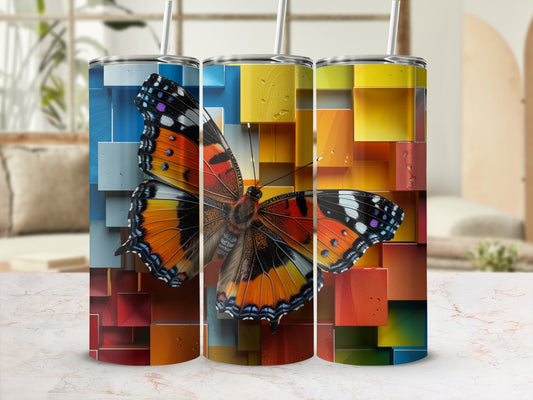Three tumblers with a butterfly and abstract colorful block design.