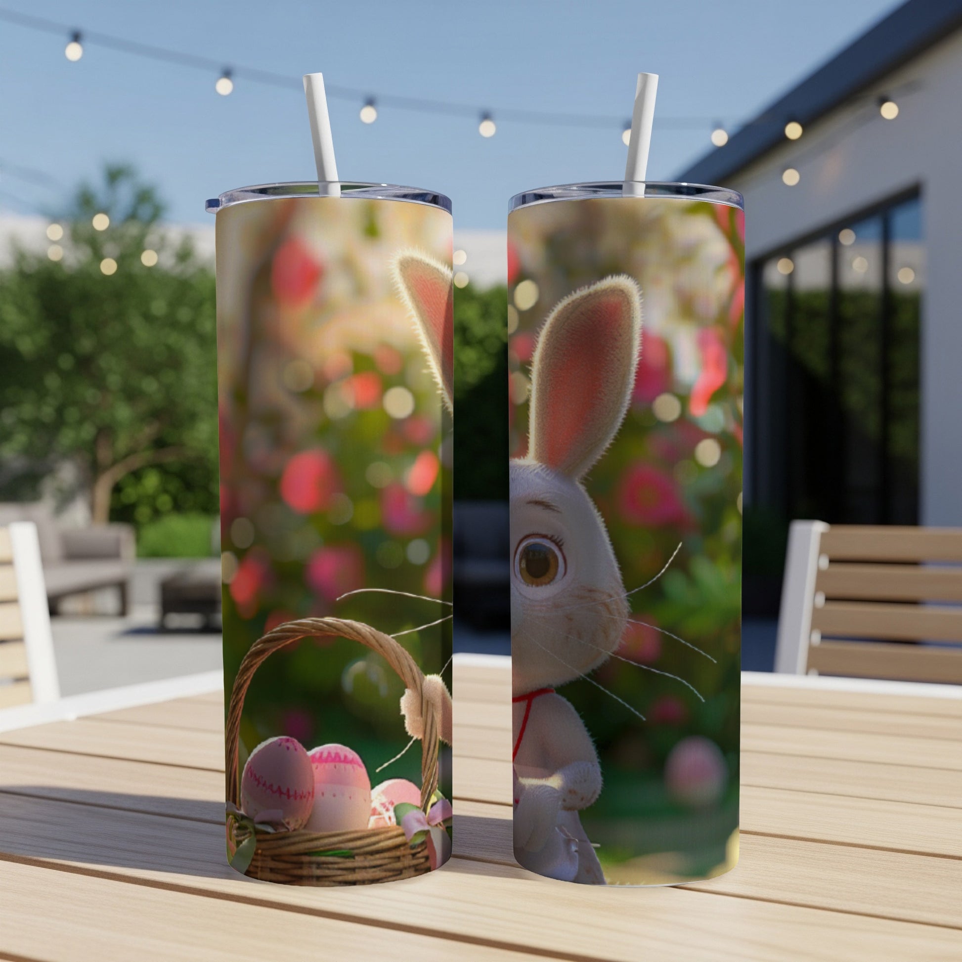 Easter bunny with basket of painted eggs on outdoor table.