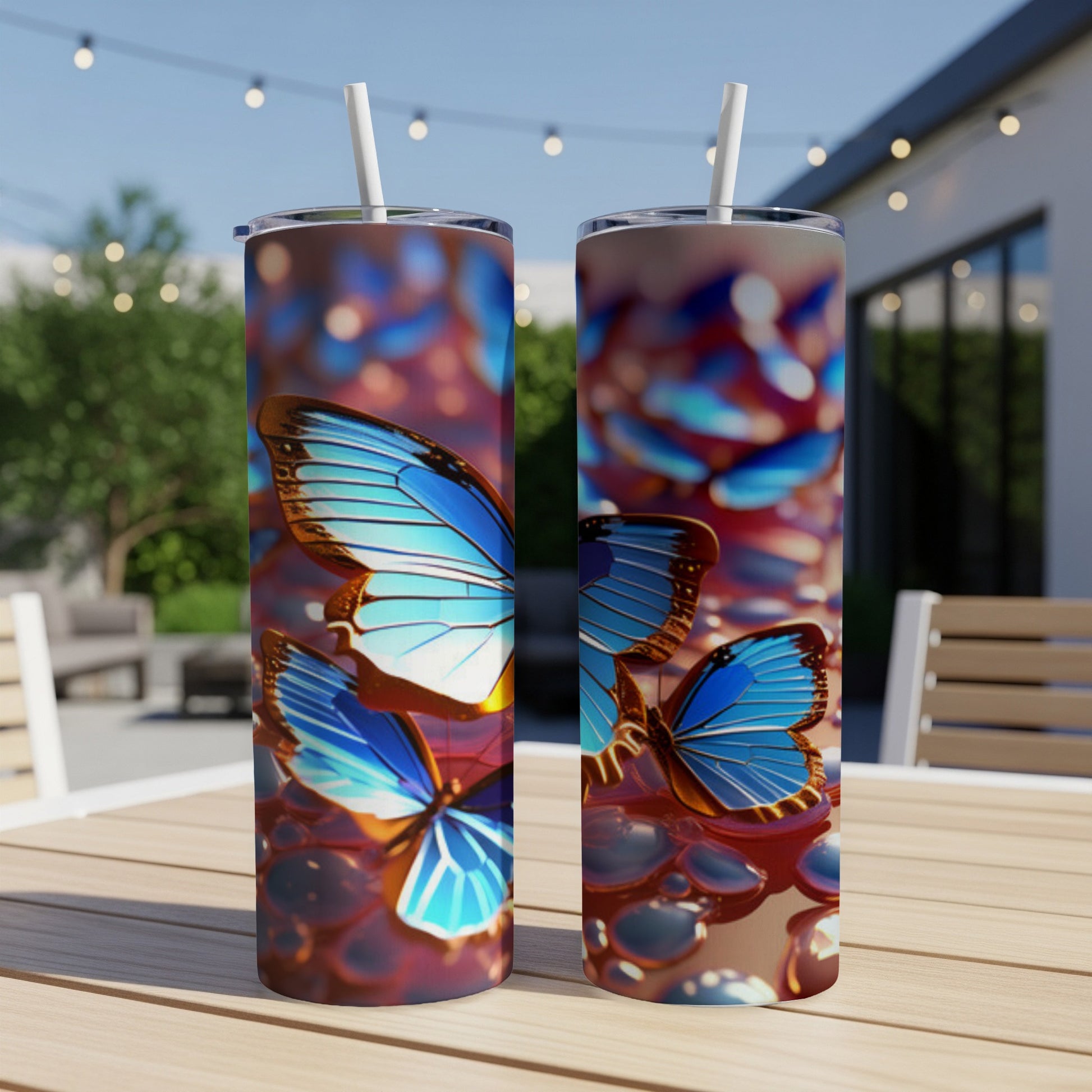 Two tumblers with blue butterflies and iridescent circles on a wooden table.