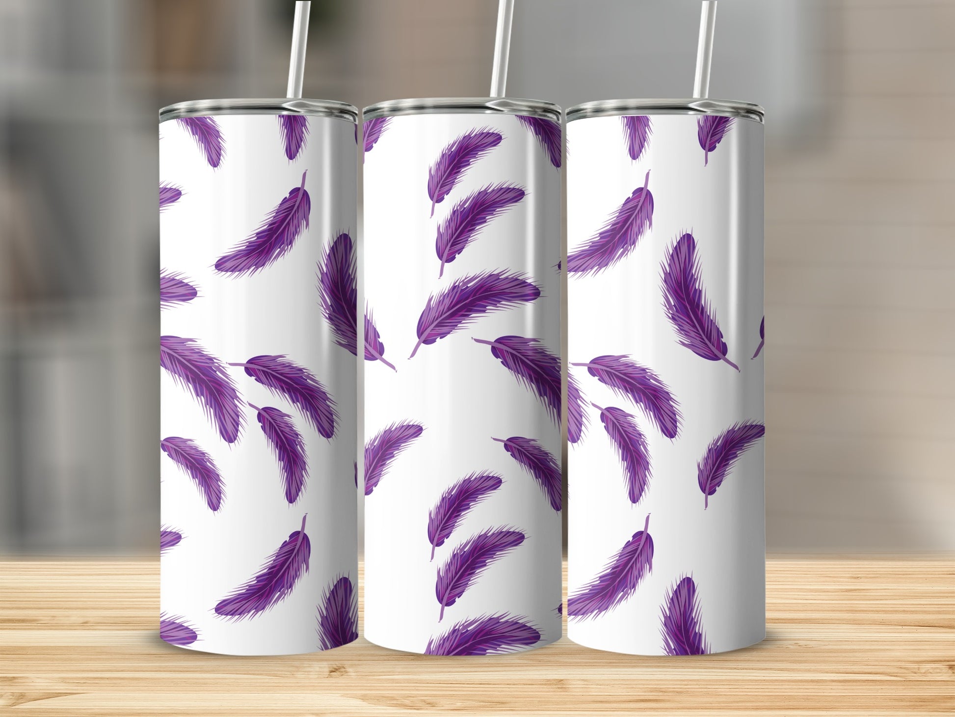 Purple Feather Pattern Design on White Tumbler Cups