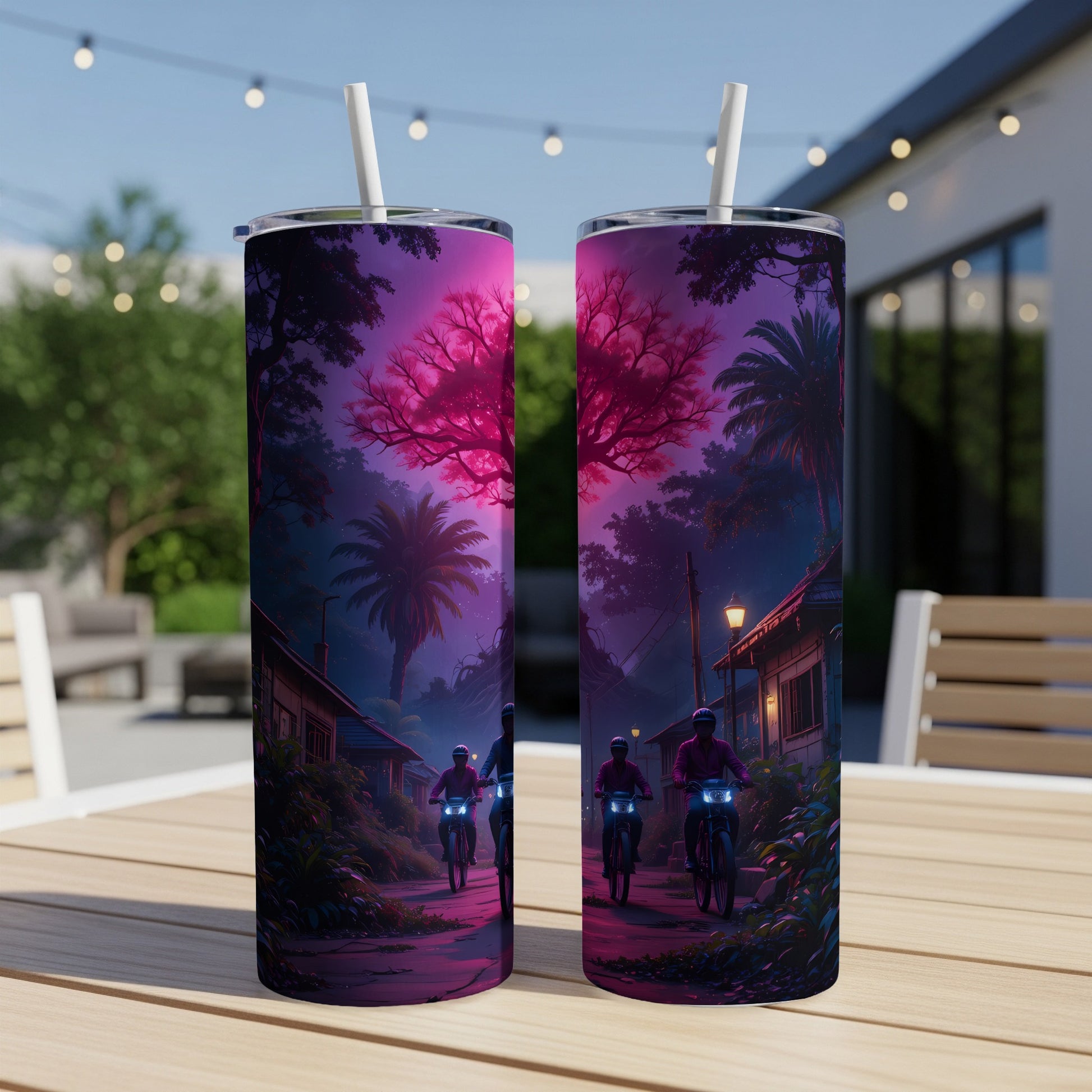 Tumbler with stylized artwork of people riding motorcycles through a village at night.