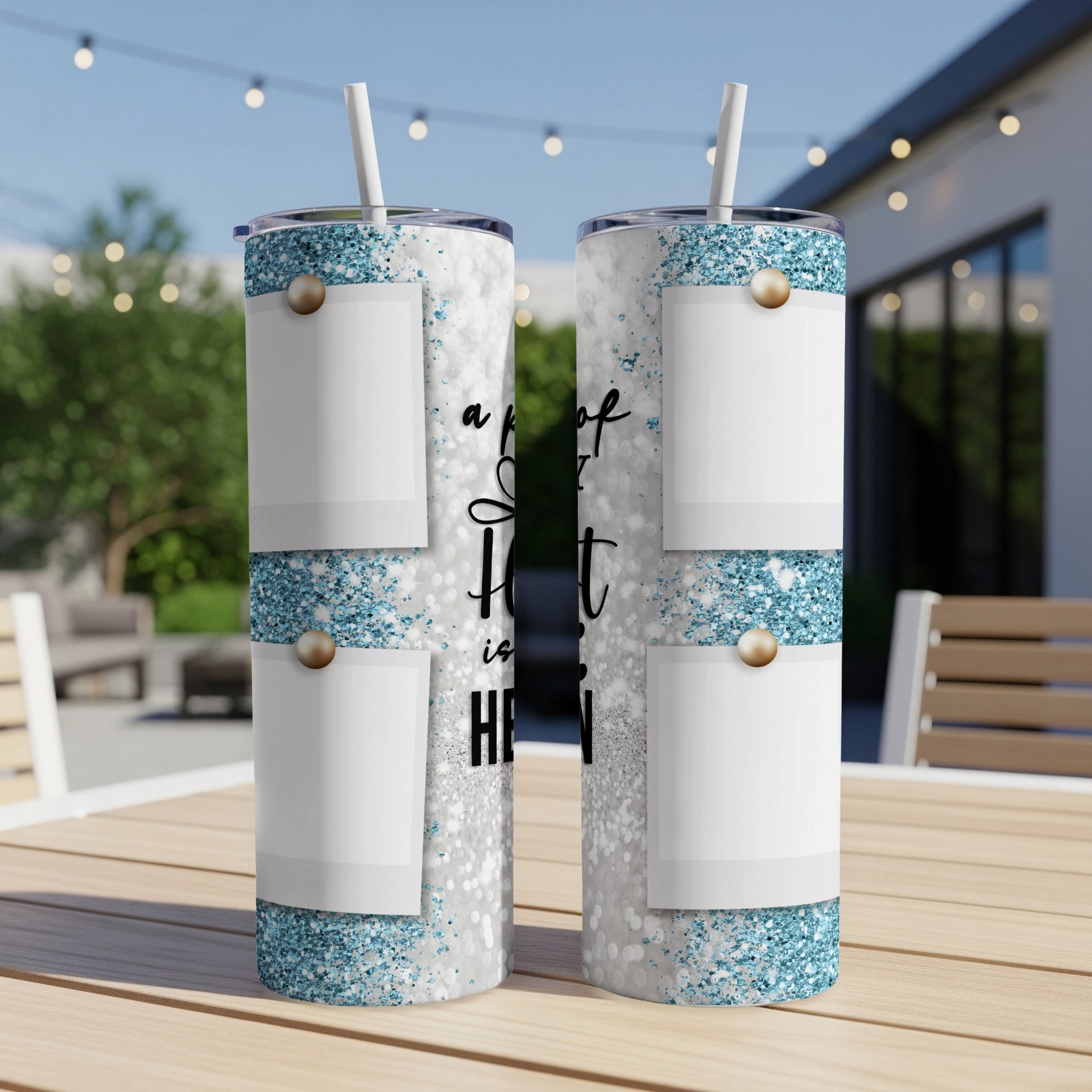Two glittery tumblers with photo frames and text.