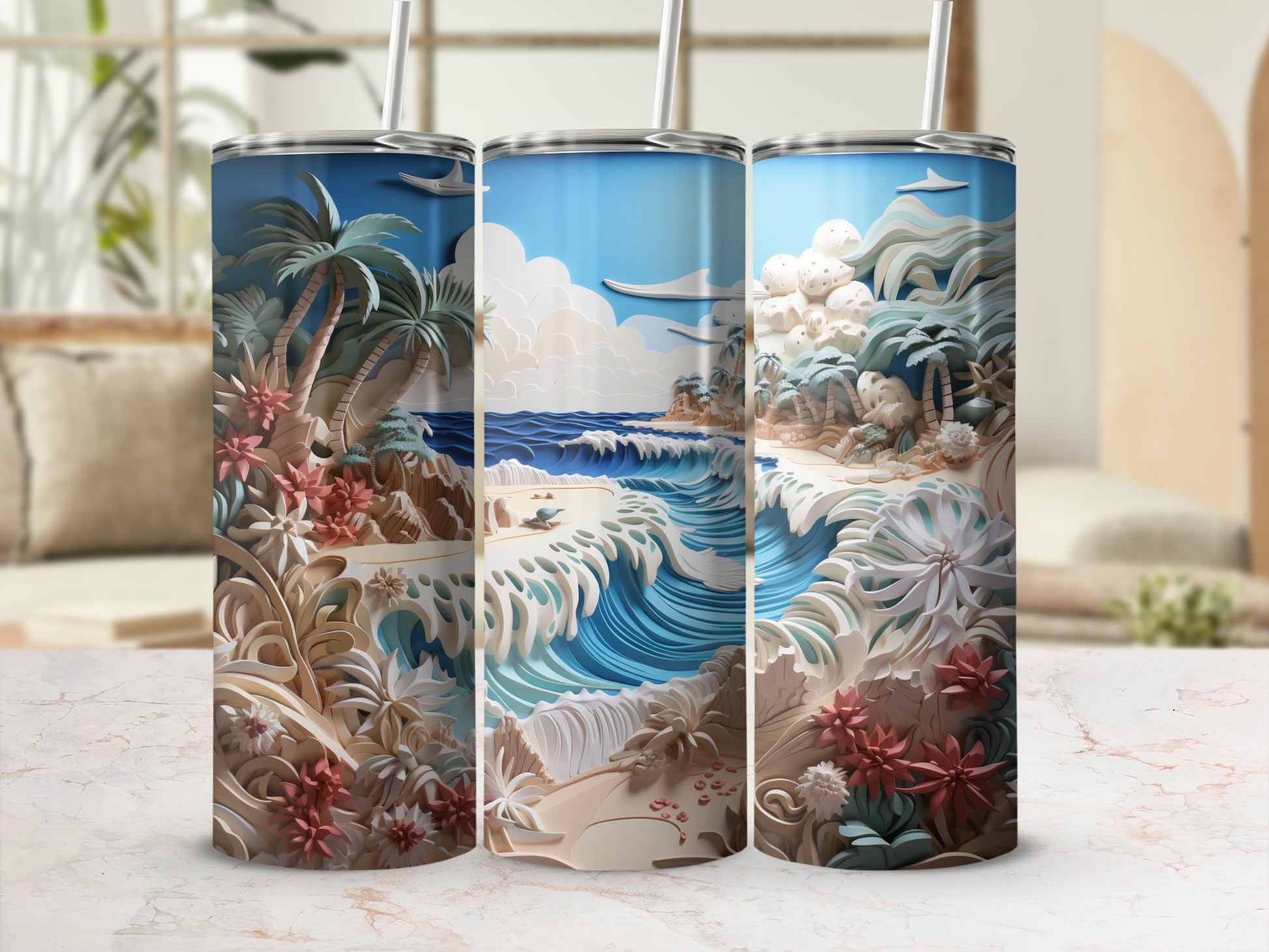 Three tumblers with a tropical beach scene and ocean waves.