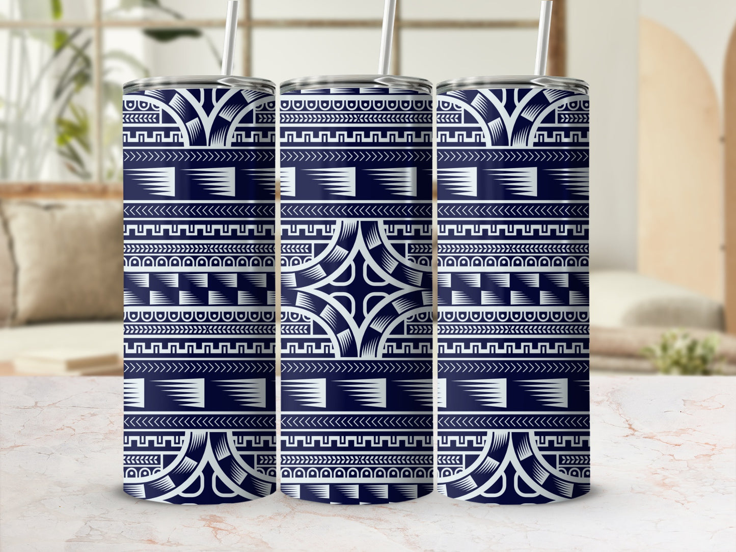 Geometric Blue and White Patterned Tumbler