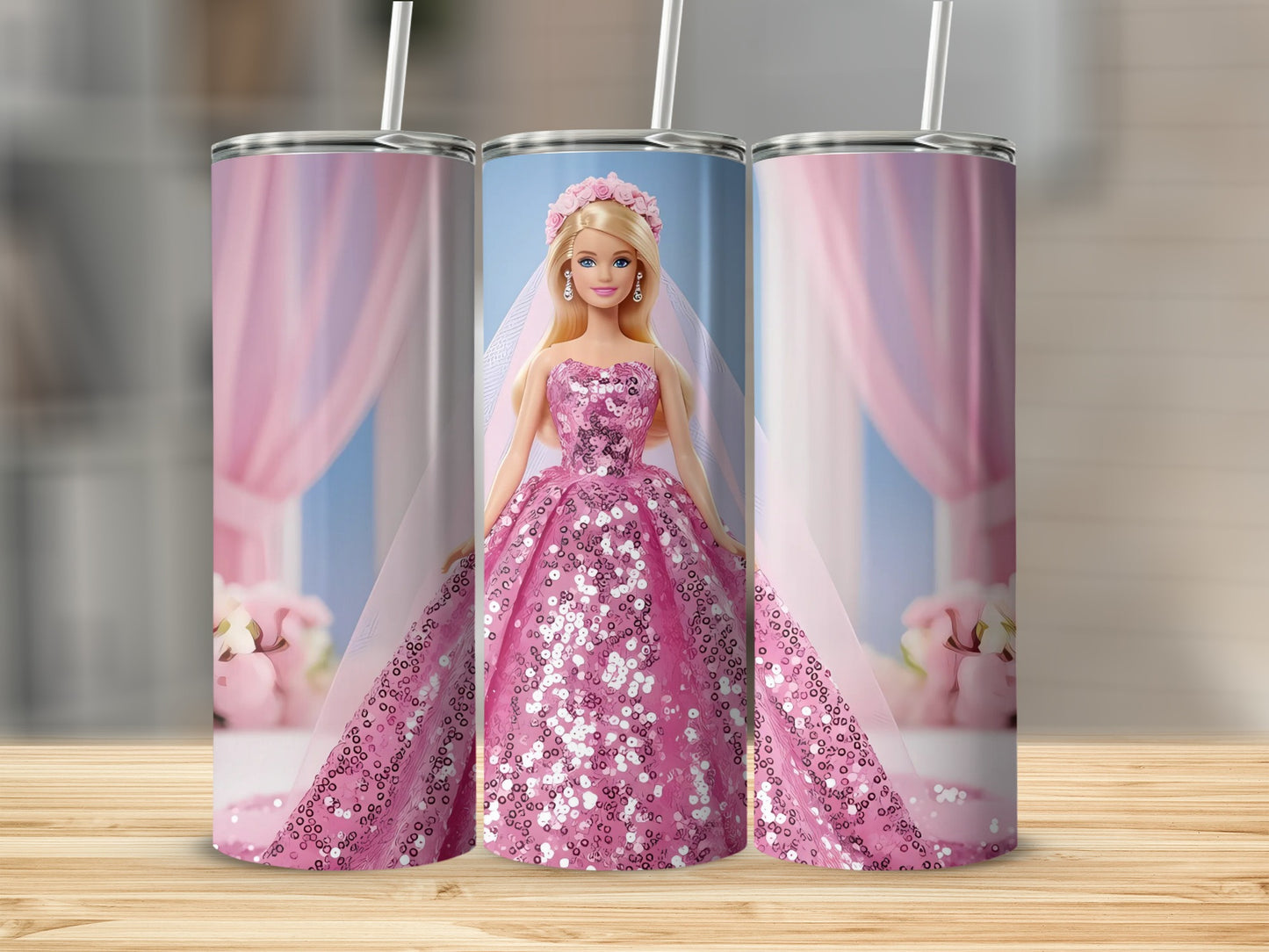 Elegant Pink Barbie Wedding Dress Print Tumbler Cup