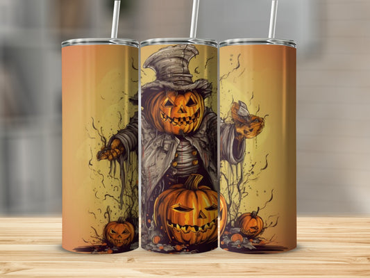 Three tumblers featuring a jack-o'-lantern scarecrow surrounded by smaller pumpkins.