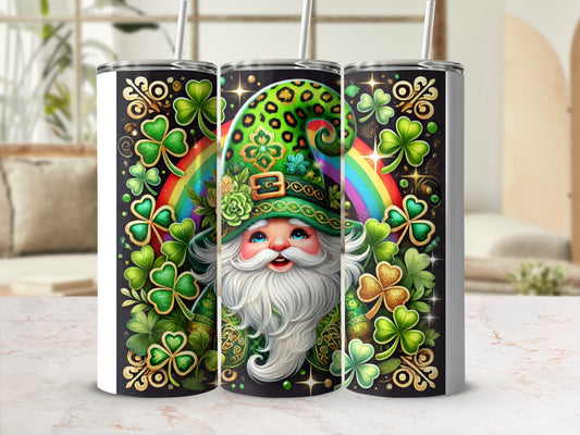 St. Patrick's Day tumbler with gnome, shamrocks, and rainbow.