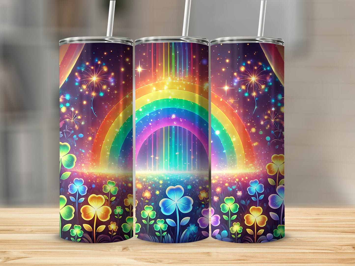 Rainbow and clover pattern on three tumblers with straw.