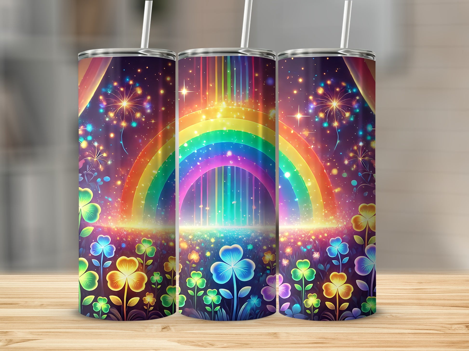 Rainbow and clover pattern on three tumblers with straw.