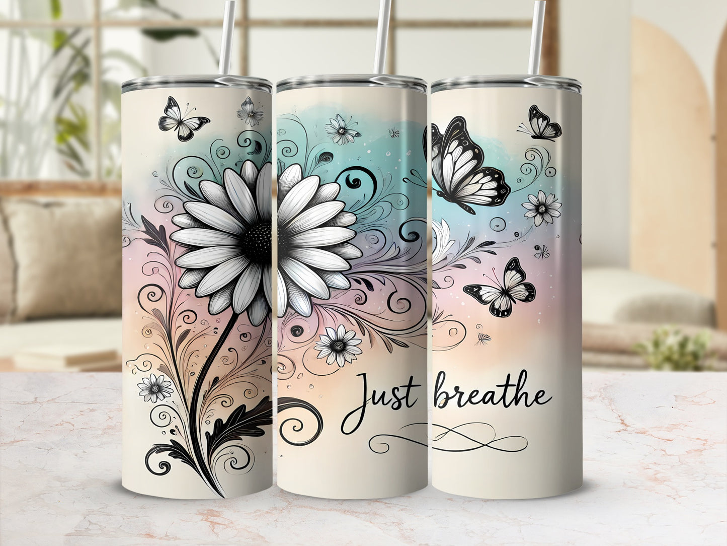Just Breathe Butterfly and Flower Design Tumbler