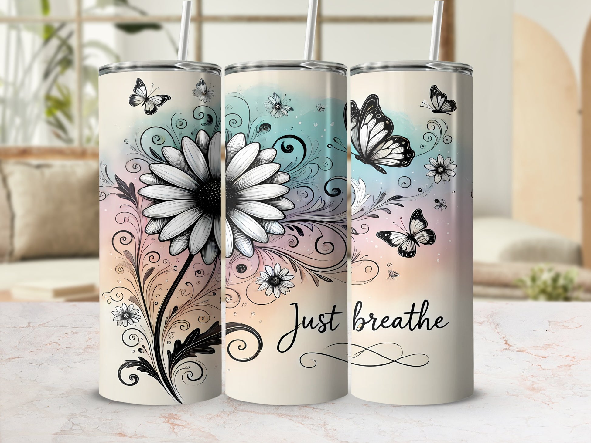 Just Breathe Butterfly and Flower Design Tumbler