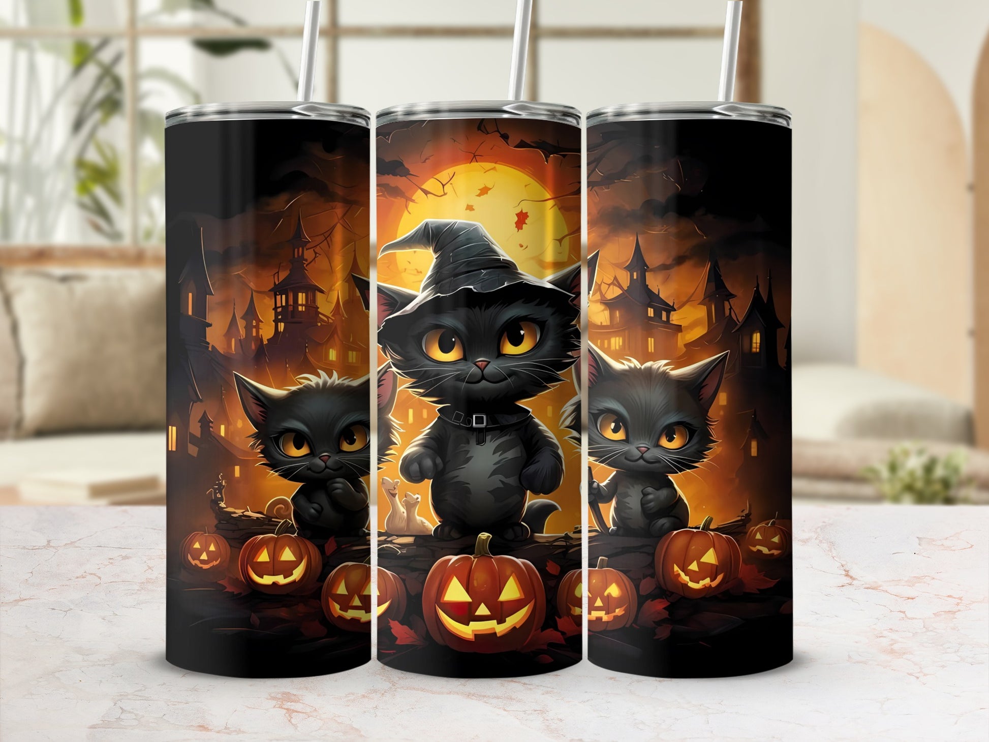 Three tumblers featuring black cats, pumpkins, and a spooky Halloween village scene.