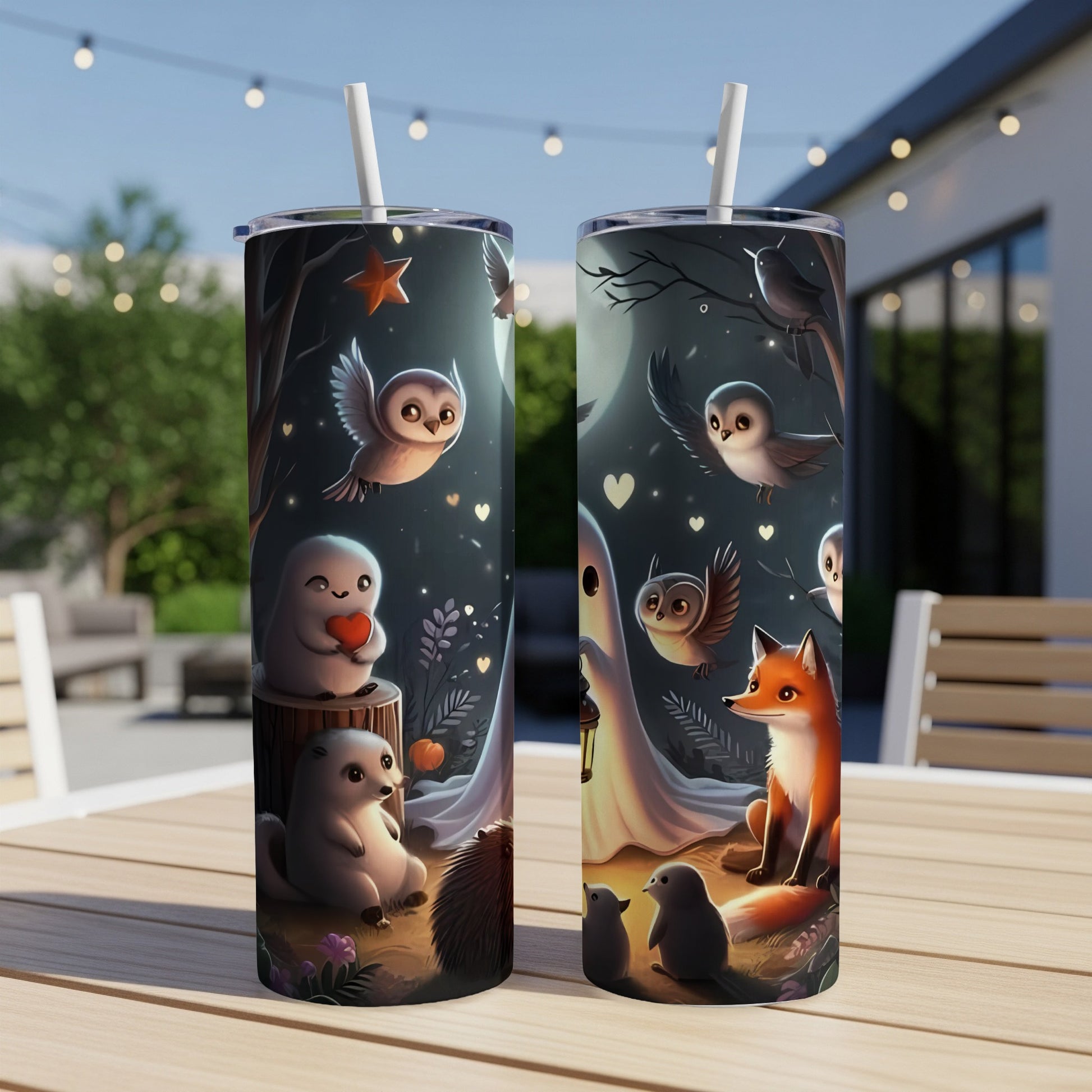 Two tumblers with a spooky cute night scene featuring owls, a fox, ghosts, and a hedgehog.