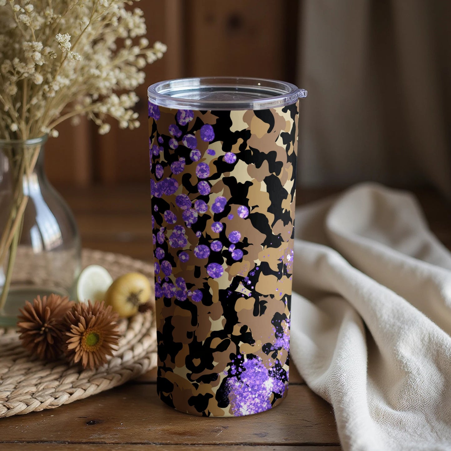 Camouflage and Floral Design Tumbler with Lid