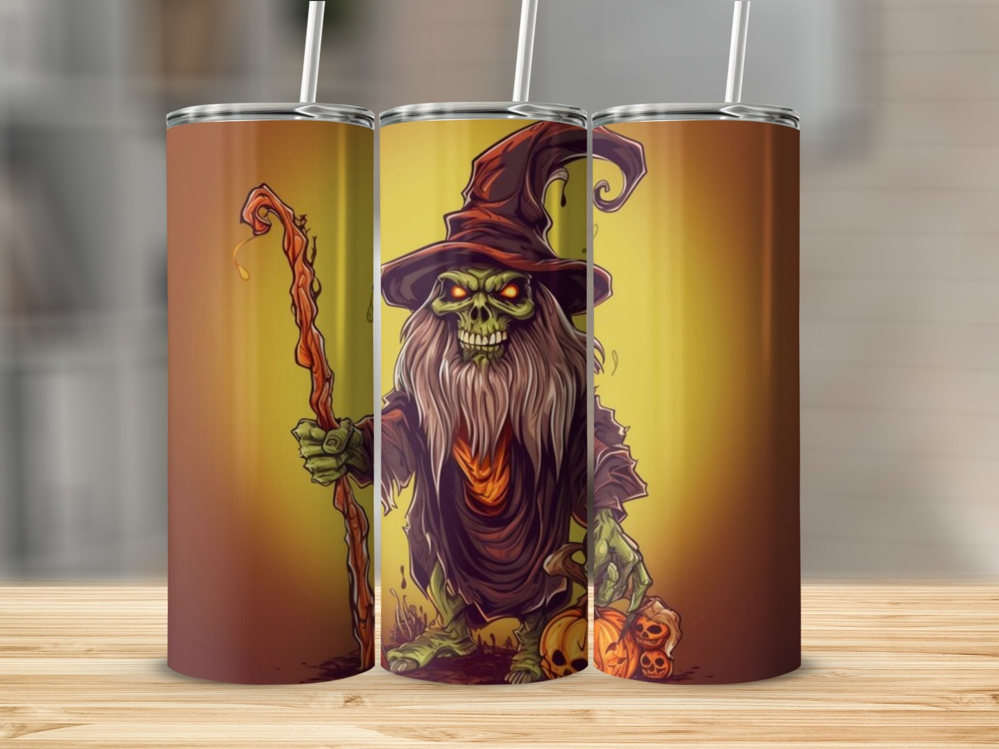 Halloween-themed tumbler with a green skeletal wizard and pumpkins.