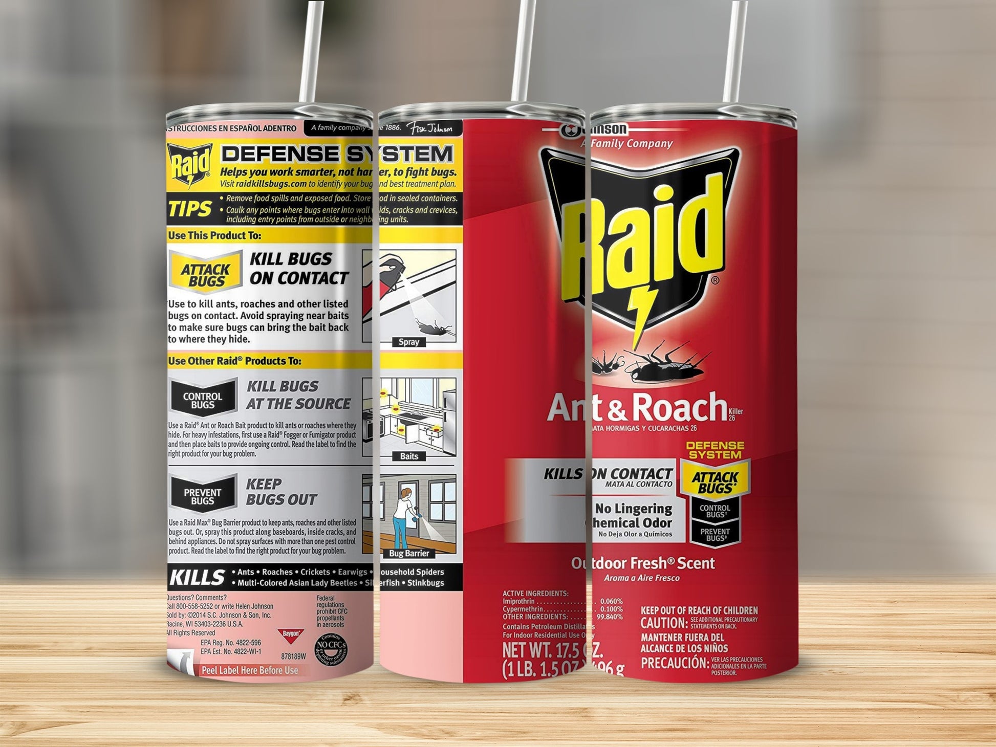 Raid Ant & Roach Killer spray can with "Attack Bugs" and "Kill Bugs on Contact" labels.