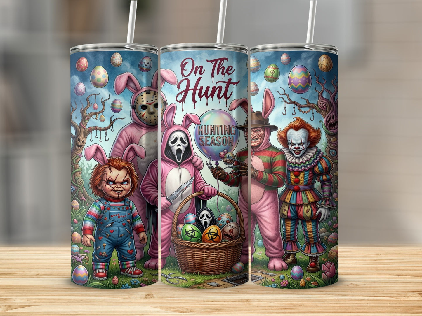 Horror characters in bunny suits with Easter eggs and text "On The Hunt".