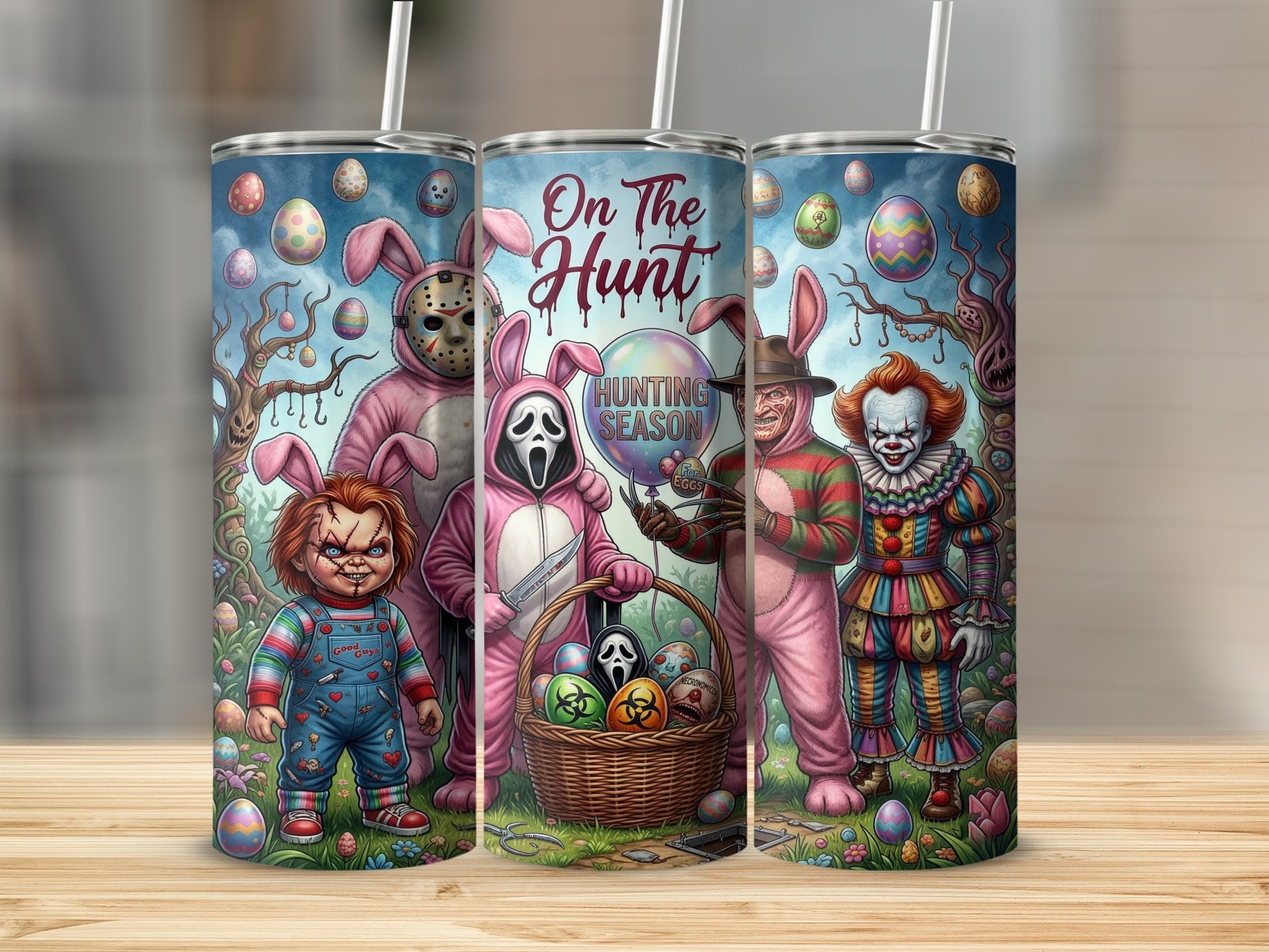 Horror characters in bunny suits with Easter eggs and text "On The Hunt".