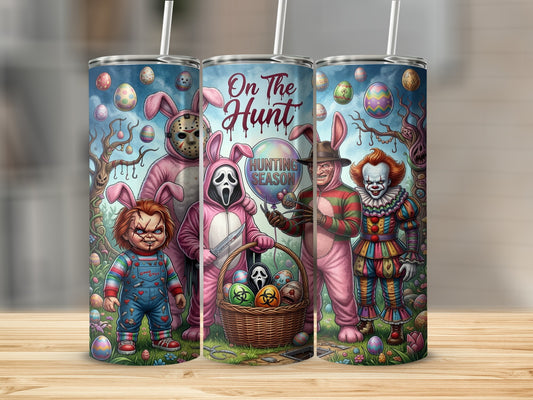 Horror characters in bunny suits with Easter eggs and text "On The Hunt".