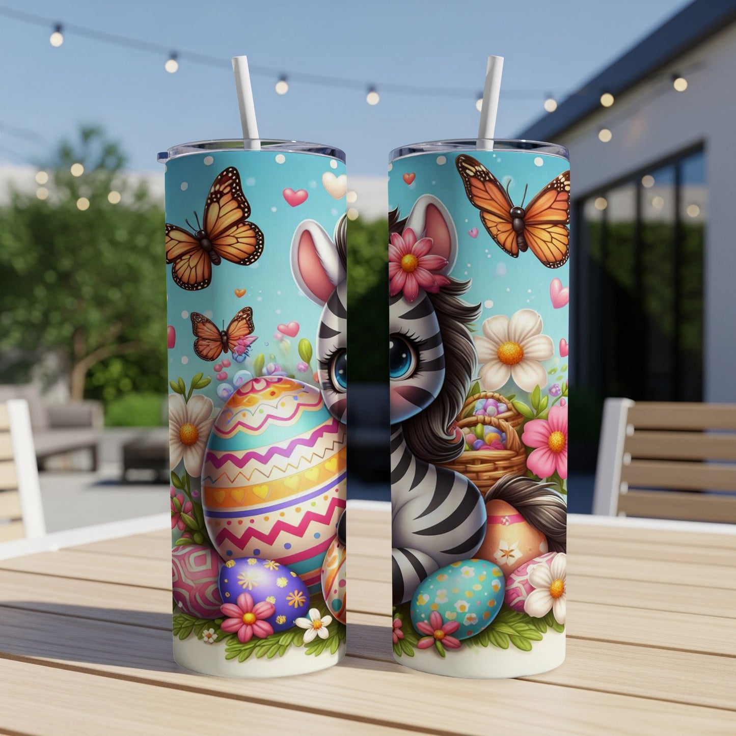 Zebra and Easter eggs on a bright, festive tumbler design.