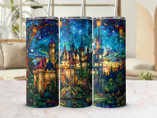 Stained glass castle with starry night sky and glowing windows.