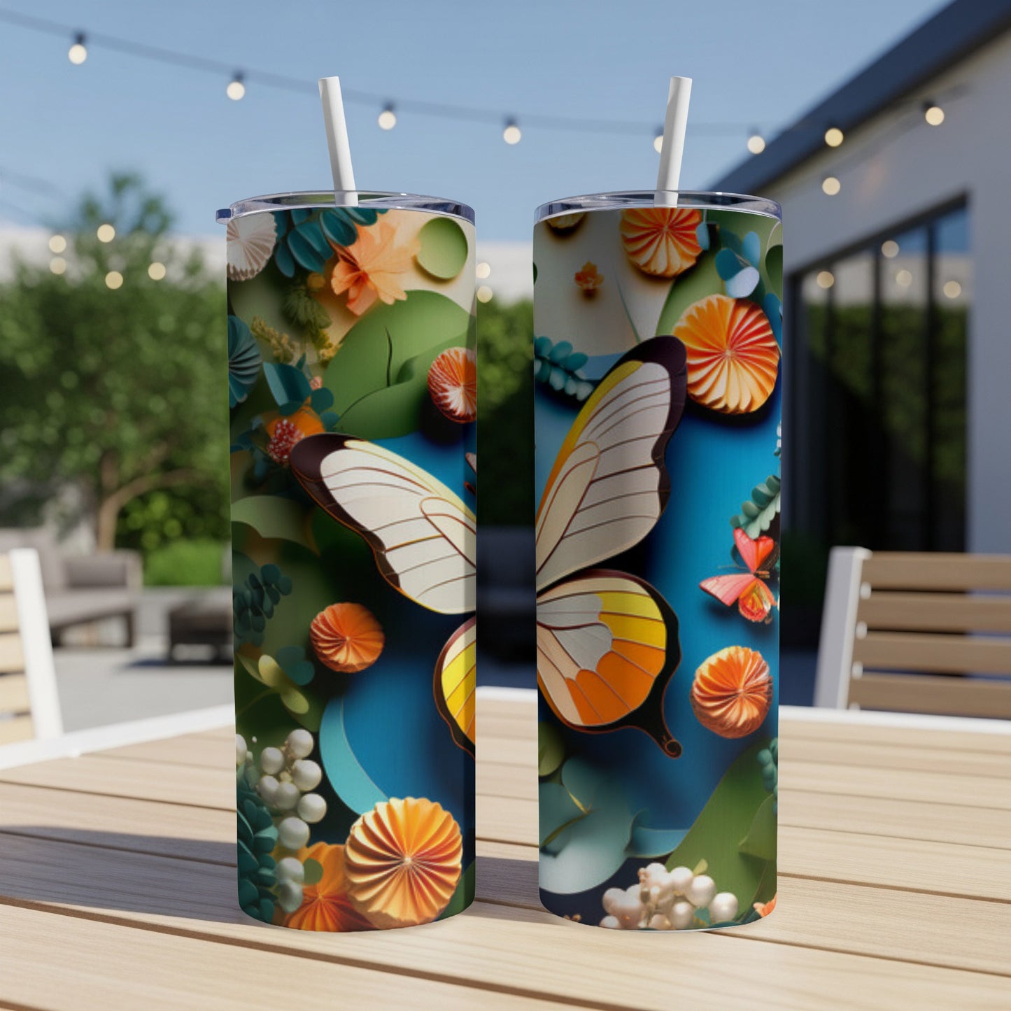 Two tumblers with a colorful butterfly and floral pattern.