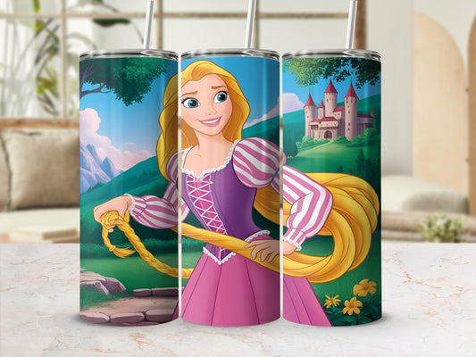 Rapunzel from Tangled with castle background on three tumblers.